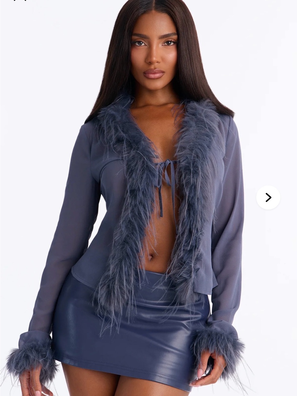Fashion Nova Feather Trim Open-Front Sheer Shirt in Slate Blue